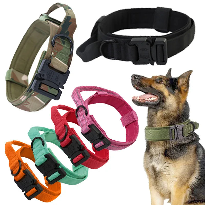 Collar táctico reflectante, collar de nailon ajustable para entrenamiento militar, collar para perro con asa, collar para perro de liberación rápida