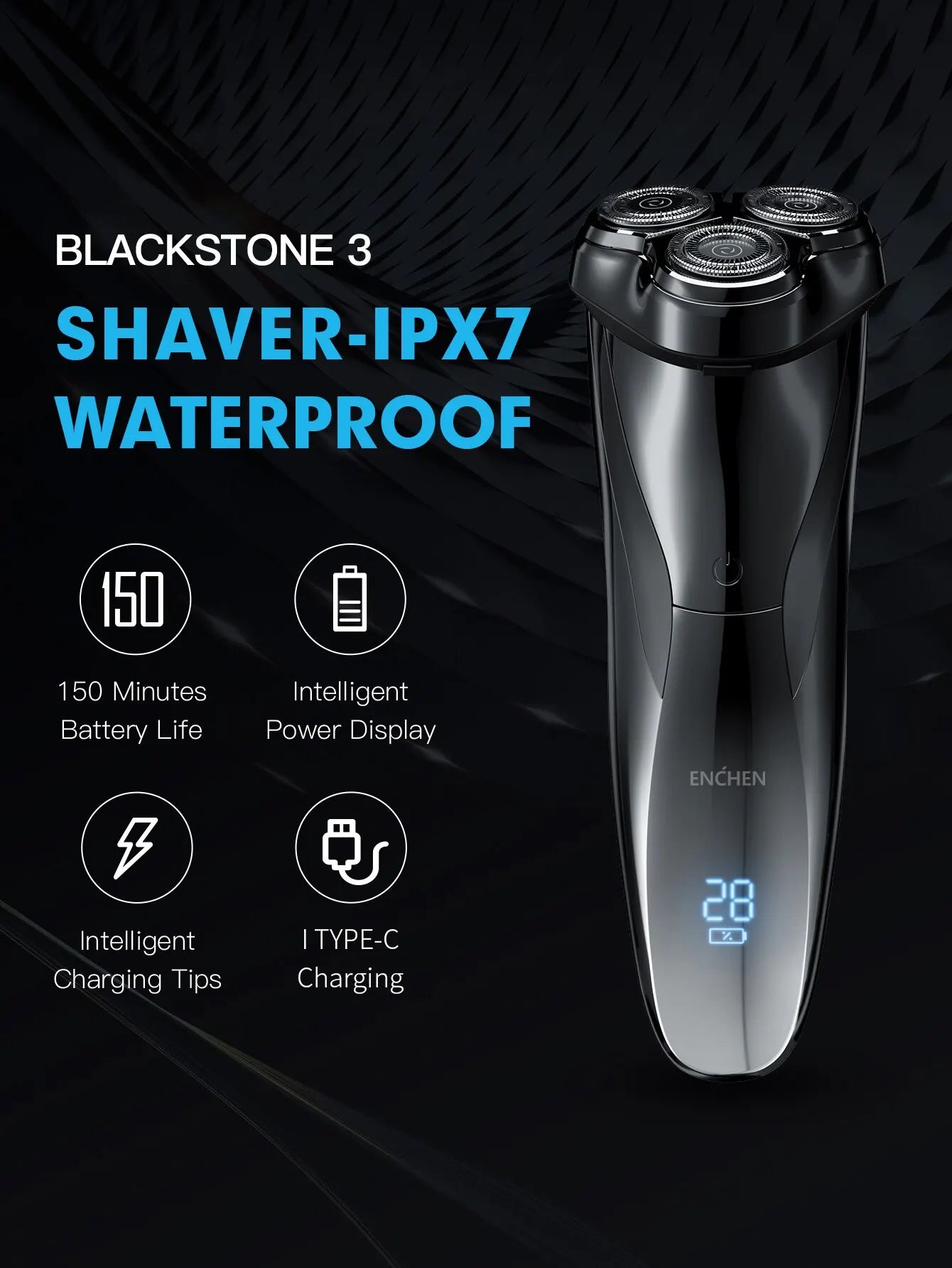 ENCHEN-Afeitadora eléctrica 3D Blackstone 3 IPX7 para hombre, máquina de afeitar resistente al agua, uso Dual en seco y húmedo, batería para Barba y cara, pantalla Digital