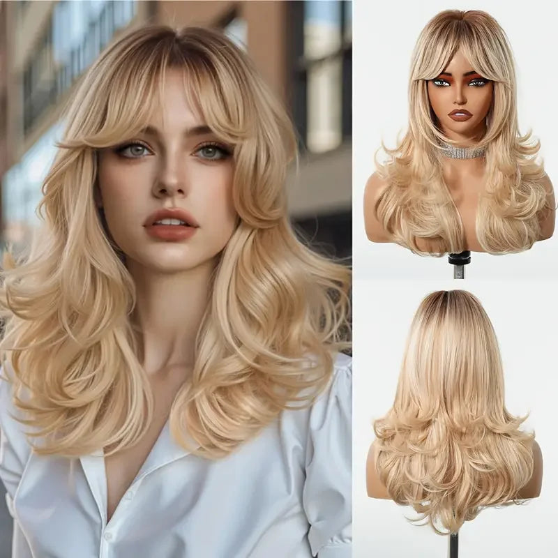 Pelucas Allbell Magique de largo ondulado en capas, pelo marrón miel con flequillo lateral para mujeres, pelucas sintéticas naturales resistentes al calor para uso diario