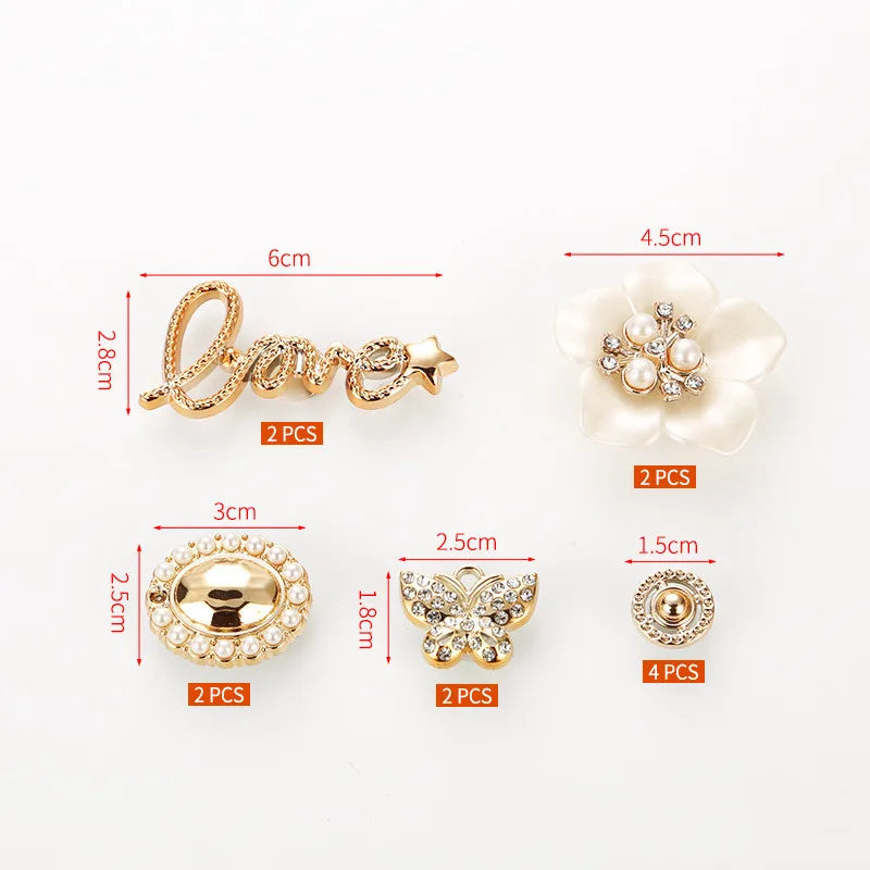 Nuevo conjunto de amor de diamantes, adornos para zapatos con agujeros, perlas, mariposa, zapatos de flores, hebilla DIY, accesorios para zapatos de azada 3D