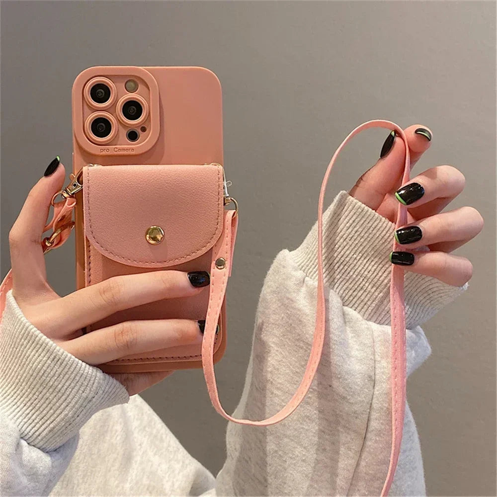 Funda de Lujo para Teléfono con Correa para el Cuello, Tipo Cartera de Cuero, para iPhone 16 Pro 14 11 12 13 15 17 Pro Max Plus, con Ranuras para Tarjetas