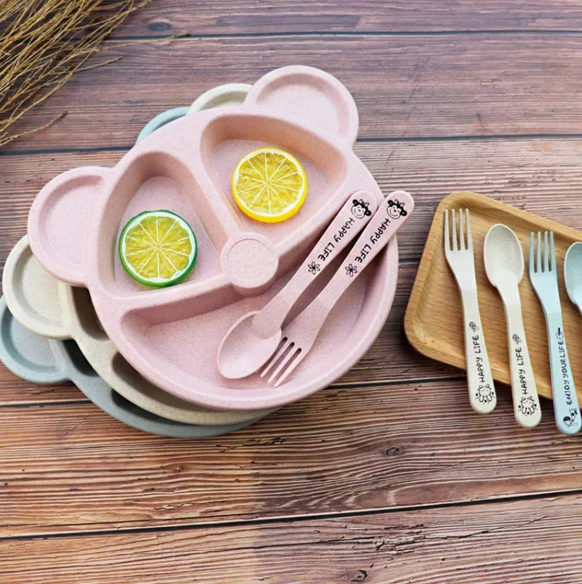 3 unids/set vajilla de alimentación de comida para bebé tazón de oso de dibujos animados + cuchara + tenedor vajilla para comer platos para niños plato de comedor para niños