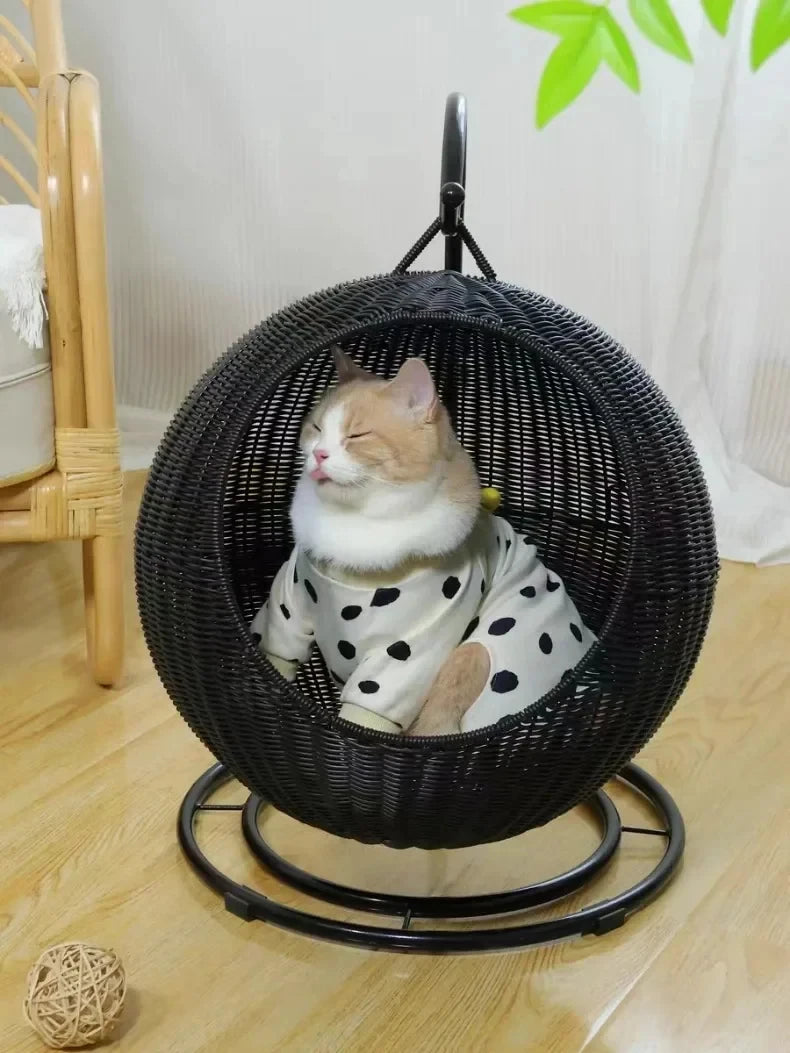 Hamaca semicerrada para mascotas, jaula redonda colgante para gatos, cesta de ratán para verano