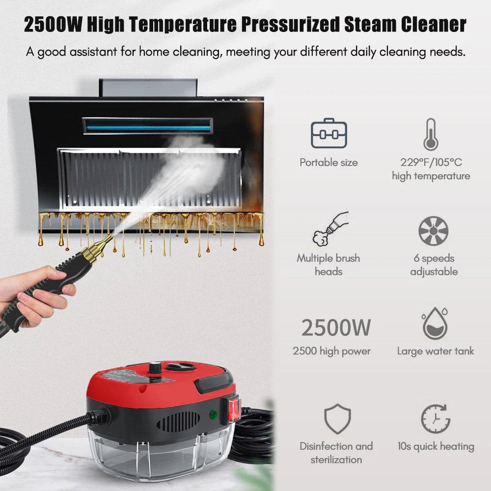 Limpiador a Vapor Portátil de Mano, 1500W, Alta Temperatura, Máquina de Limpieza a Vapor a Presión con Cabezales de Cepillo para Muebles de Cocina