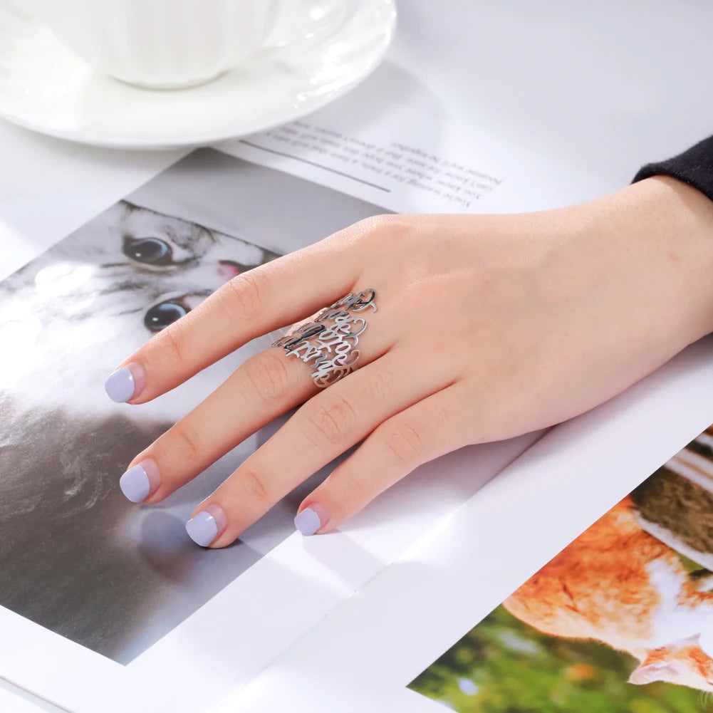 Anillo con nombre personalizado para mujeres y hombres, joyería personalizada para dedo, accesorios de acero inoxidable, anillos con múltiples nombres dobles, regalo familiar