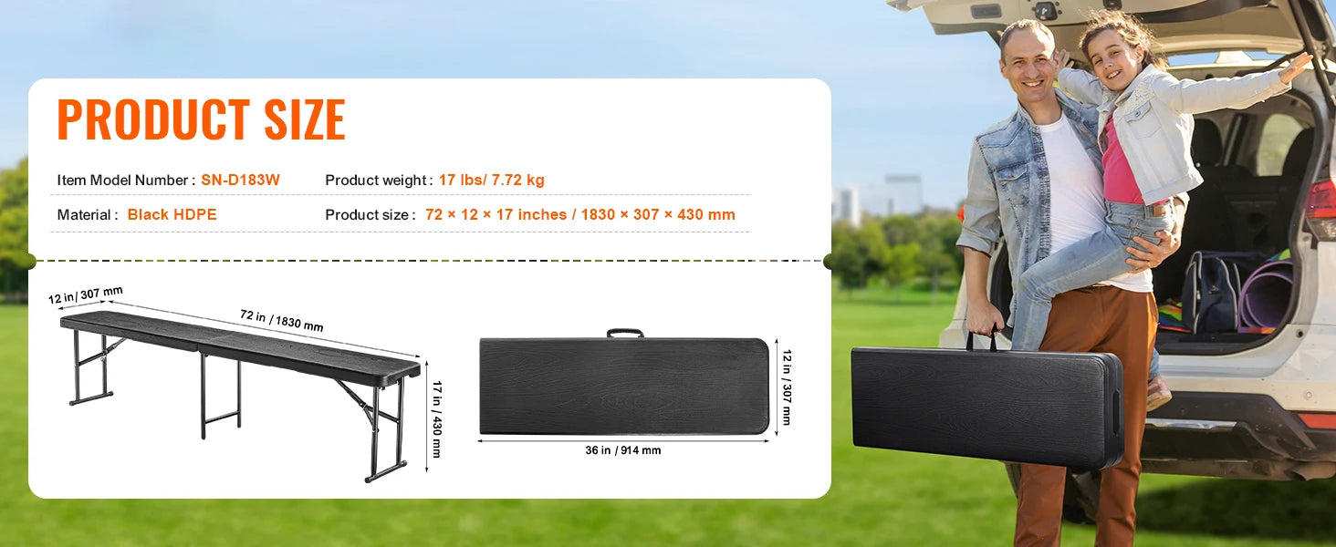 SucceBuy Banco plegable de plástico Banco plegable portátil de 6 pies con asa de transporte para actividades entretenidas de fútbol en el jardín Negro