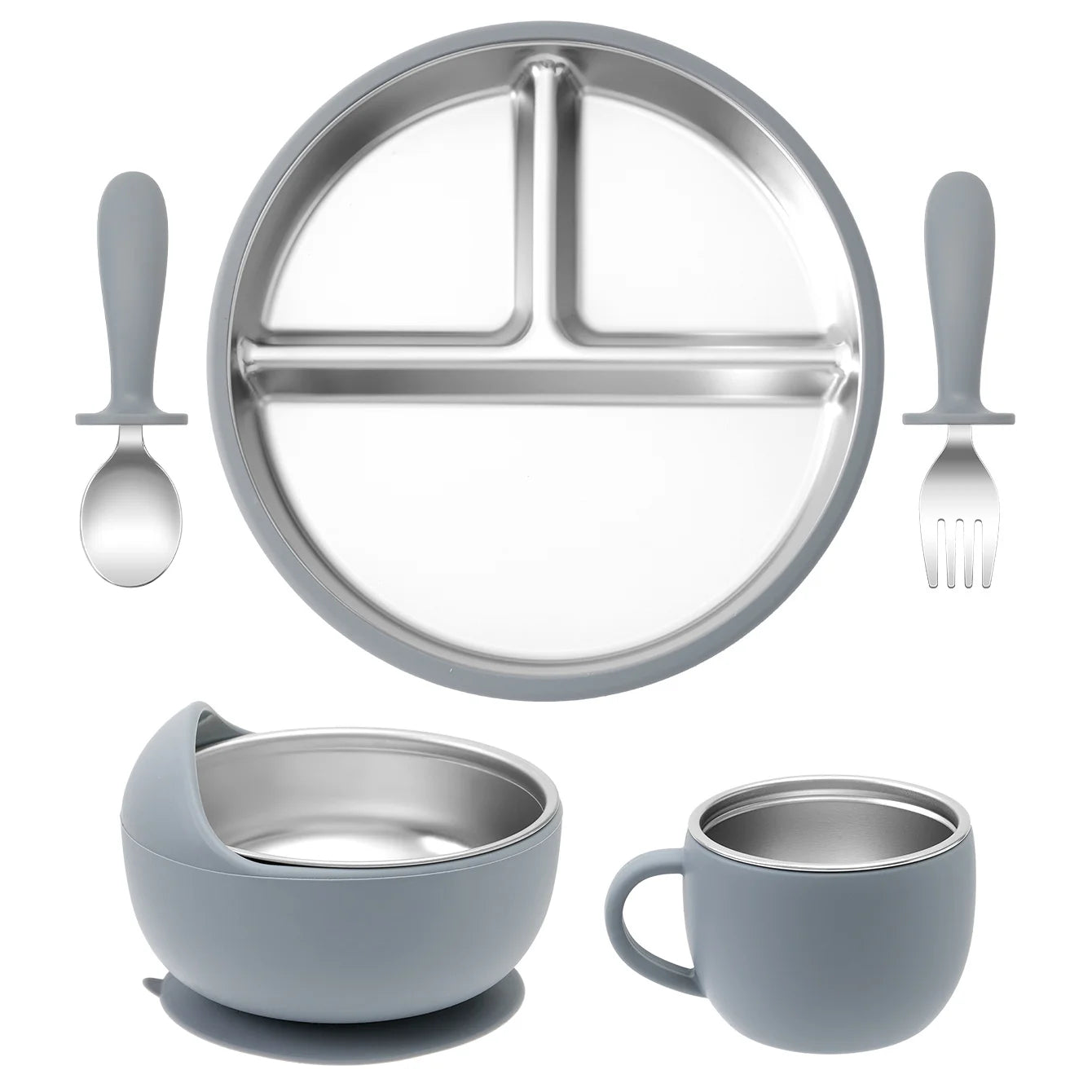 Juego de alimentación de bebé con plato de platos de acero inoxidable, cuenco con ventosa de silicona desmontable, sin BPA, tenedor infantil, cuchara, regalos, 5 uds.