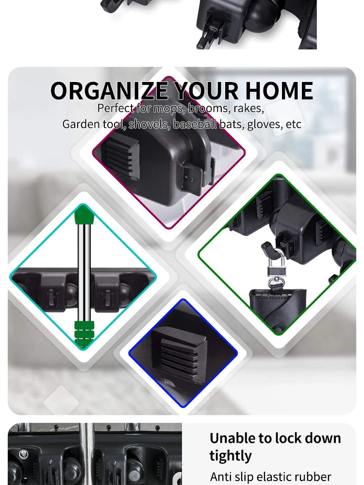 Soporte para fregona montado en la pared, colgador multifuncional de 3/4/5 posiciones, estante de almacenamiento de plástico mágico negro para cocina y hogar
