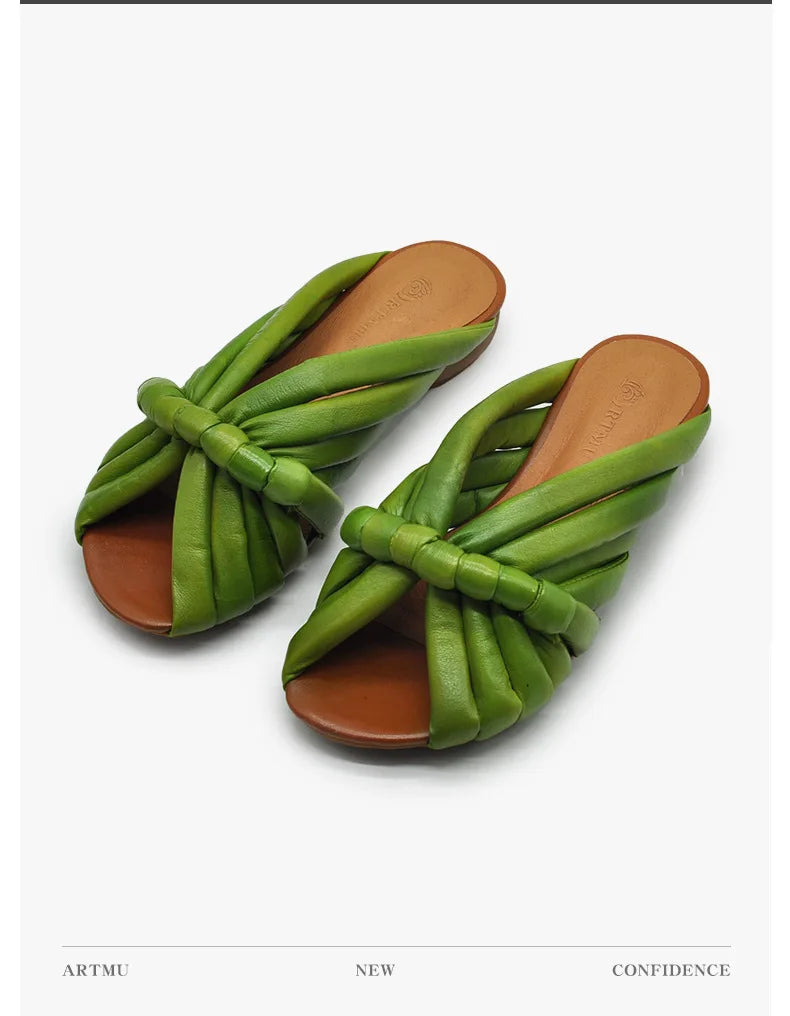 Sandalias Planas de Cuero Genuino para Mujer, Verano 2026, Diseño Abierto con Correa Anudada Única, para Uso en Exteriores