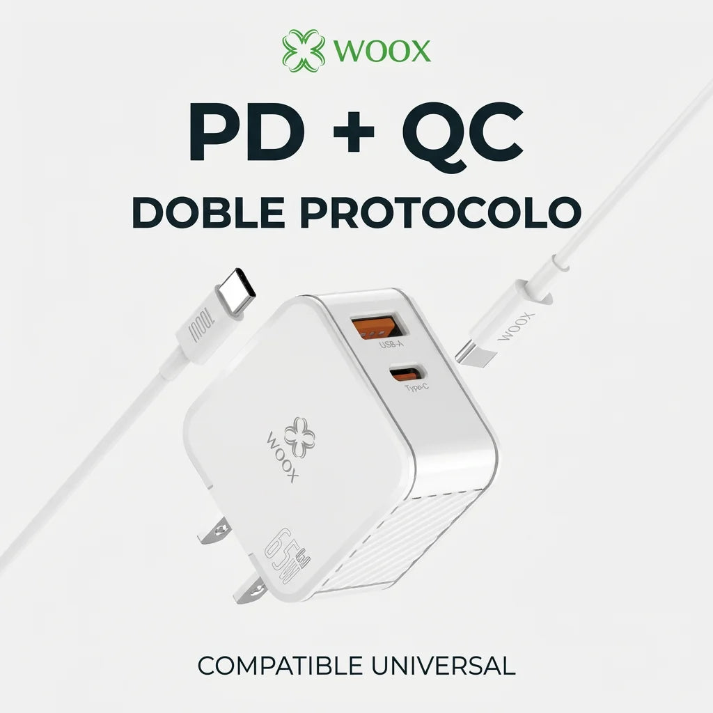 Cargador Rápido Woox 65W GaN con Cable de 100W, 2 Puertos Compactos (USB-C PD y USB-A) para iPhone 17, Teléfono Android, Ordenador Portátil