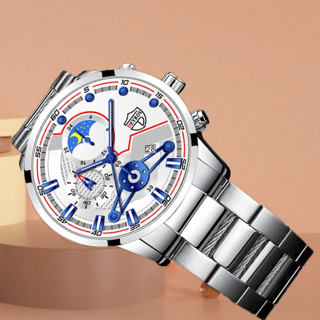 Reloj Hombre, relojes de negocios de lujo de 3 piezas para Hombre, Reloj deportivo de ocio con calendario completo para Hombre, Reloj de cuarzo de acero inoxidable para Hombre