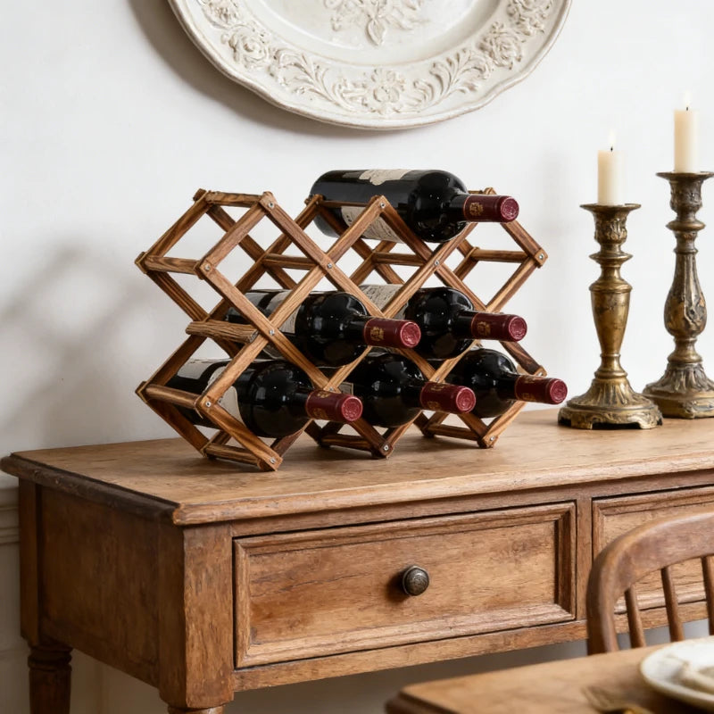 Estante de Madera Plegable para Almacenamiento de Vino, para 3-10 Botellas, Fácil de Montar, Apilable, para Organización del Hogar, Bar, Cocina o Bodega