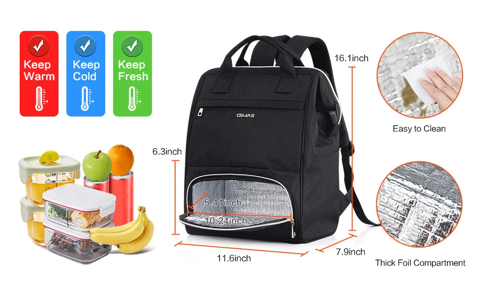 Mochila de almuerzo OIWAS para mujer, mochila para ordenador portátil de 15,6 pulgadas, mochila térmica con puerto USB, para hombres, viajes, trabajo, picnics, senderismo