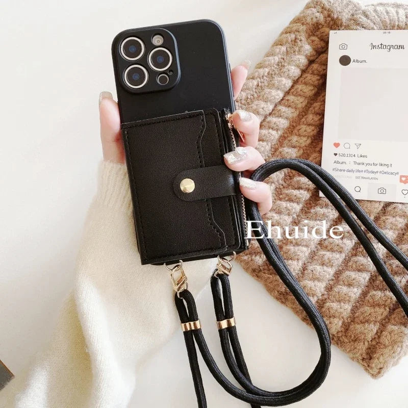 Funda con correa tipo billetera para iPhone 16 15 16Pro Max 11 12 13 14 Plus X XR XS Max ranuras para tarjetas cordón cruzado funda de silicona de cuero PU