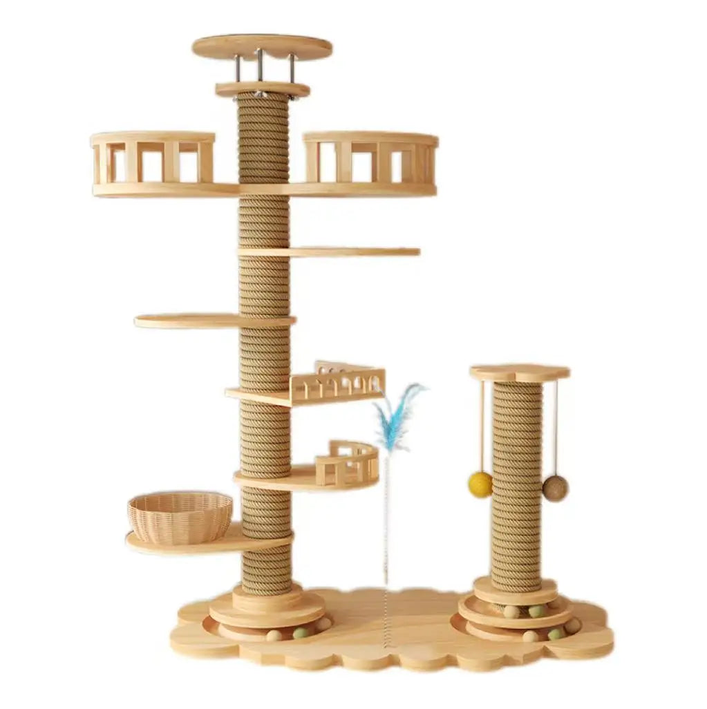 Torre para gatos grande de madera maciza con plataforma de salto multinivel, rascador, juguete y mueble para gatos.