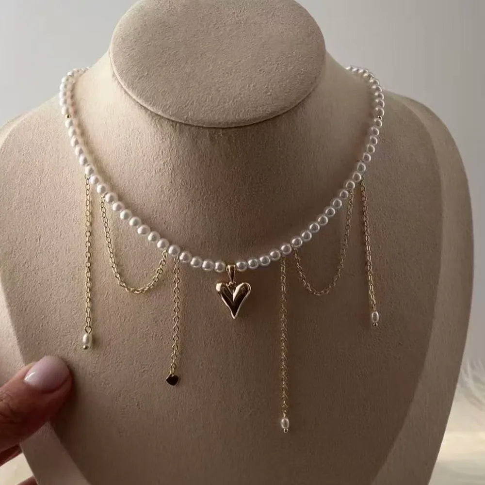 Collar con colgante de cadena con borlas a la moda para mujer, cadena de perlas de imitación y cristal transparente bohemio, joyería, regalo de San Valentín N0538