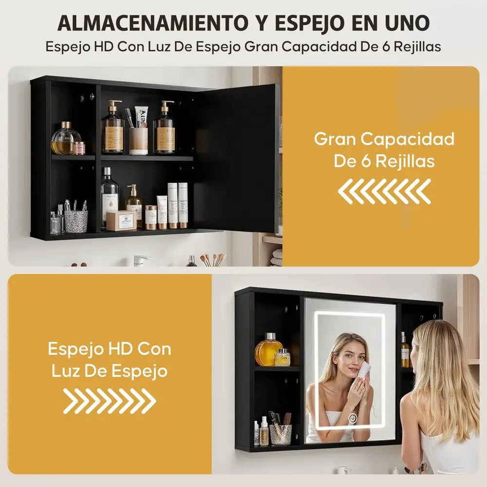 Espejo para Baño con Gabinete y Luz LED, Botiquín con Espejo, Gabinete para Baño, 3 Temperaturas de Color, 40.5x60.5cm, 6 Com