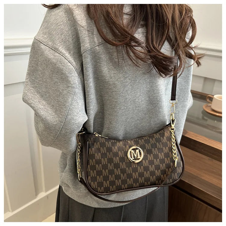 Bolso retro francés para axila, bolso de un hombro con estampado de letras y cadena cuadrada cruzada diagonal para mujer