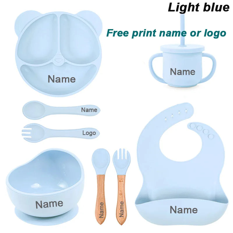Vajilla de silicona para niños, juego de alimentación de bebé, plato de dibujos animados, nombre personalizado, taza con ventosa, plato, babero, regalo para recién nacido, 8 Uds./5 uds.
