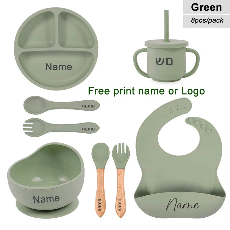Juego de alimentación de silicona para bebé, plato de comedor redondo, cuenco con ventosa, platos para niños, vajilla con nombre personalizado, taza de paja, 8 Uds.