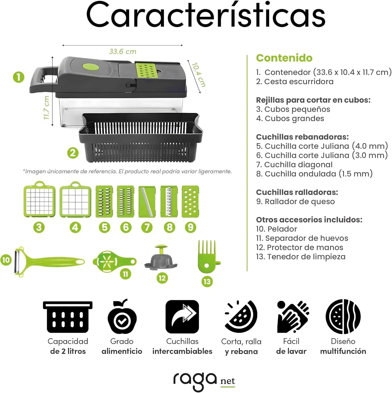 Cortador de Verduras 12 en 1 con 8 Cuchillas de Acero Inoxidable, Colador de Frutas y Verduras, Mandolina para Uso Doméstico y en la Cocina