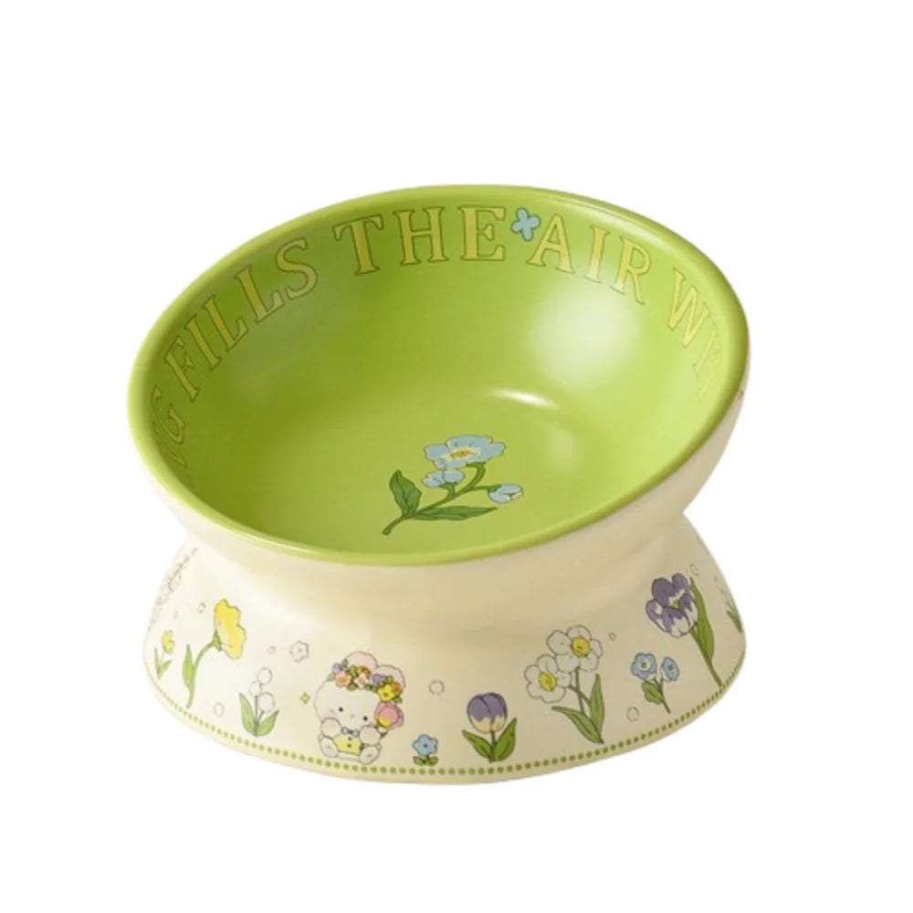 Tazón de cerámica verde duradero para gatos, tazón antideslizante con diseño de conejo y flores, tazón elevado diagonal para beber y alimentar.