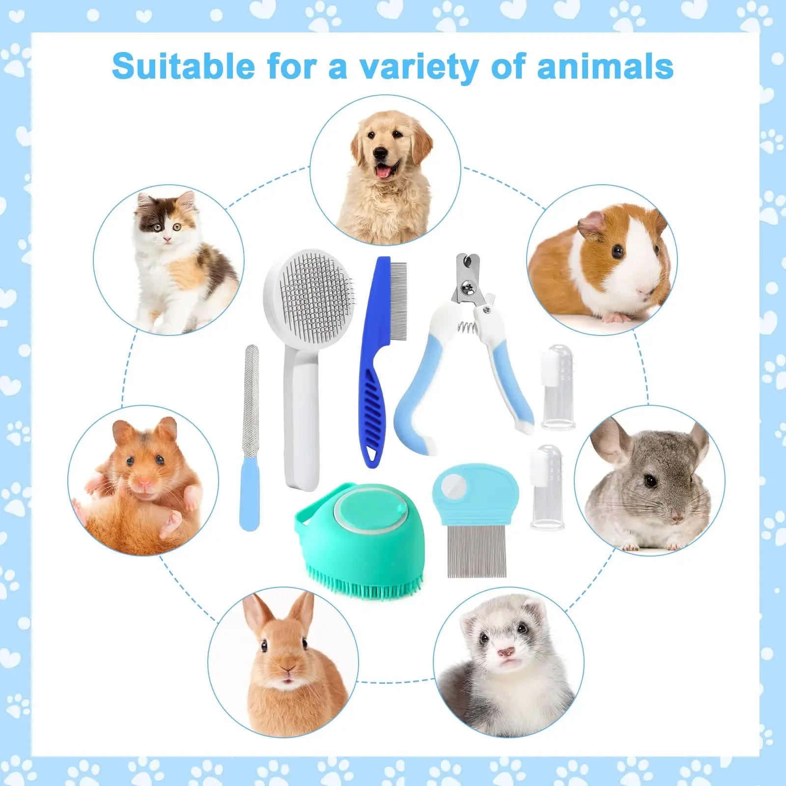 Kits de cuidado de cepillos para gatos, peine para pulgas, cepillo de baño para champú para mascotas, cepillo para quitar mascotas, cepillo de dientes de silicona, 8 Uds.