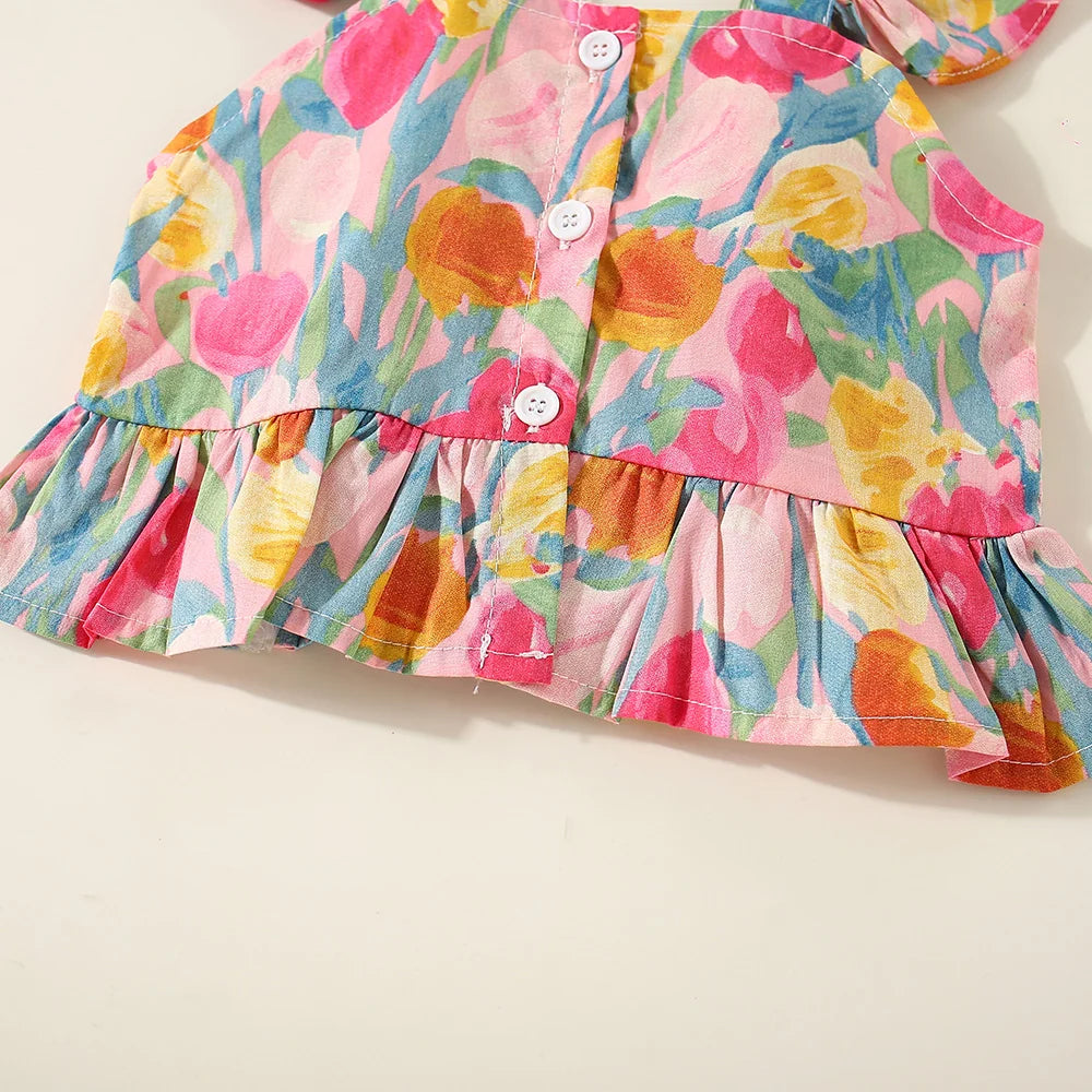 Conjunto de verano de 2 piezas con tirantes y pantalones cortos para niña, Top con tirantes de manga voladora pequeña con estampado de tulipán de dibujos animados