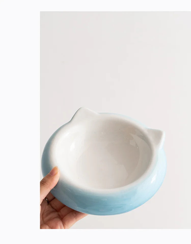 Cuenco de comida con forma de oreja de gato de fondo plano de cerámica creativo, plato de comedor, suministros antisuciedad para mascotas, cuenco para beber