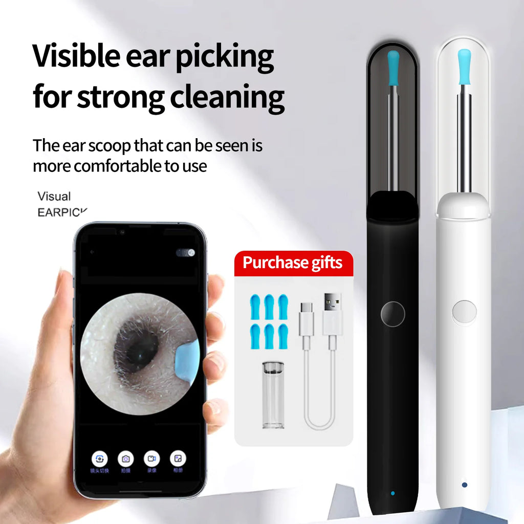 Cucharilla para limpiar oídos con cámara: cámara HD de 2 megapíxeles, cucharilla para oídos ultra HD visible, herramienta de limpieza para el canal auditivo con kit de limpieza, visualización en el teléfono móvil, lim