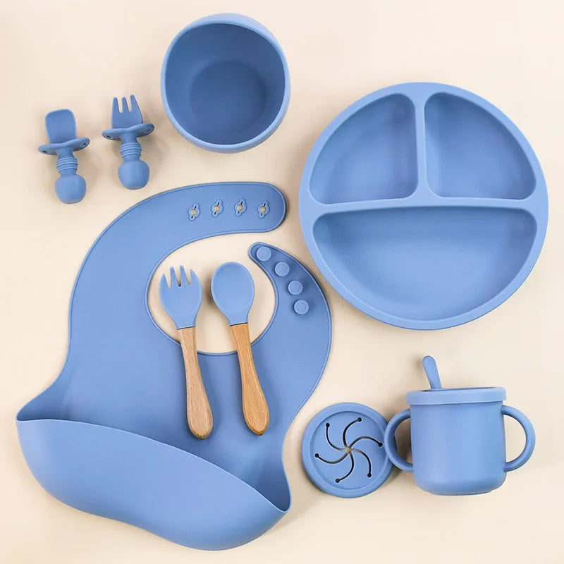 Juego de alimentación de bebé de silicona sin BPA, cuenco con ventosa, plato de comedor, taza de paja, cuchara, tenedores para niños, vajilla para bebés, platos para niños