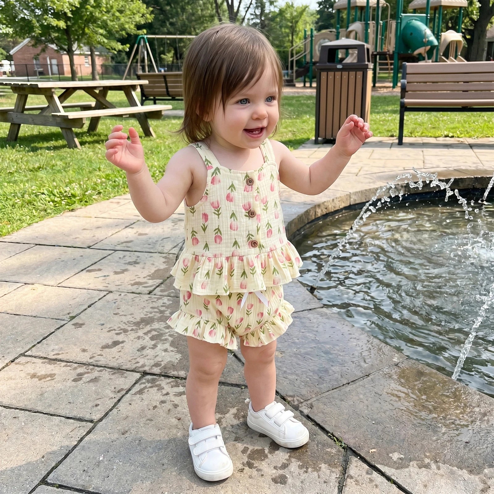 Lioraitiin Conjunto de verano para niñas con estampado floral de tulipanes, sin mangas, cuello cuadrado, camisetas sin mangas, pantalones cortos elásticos con volantes, conjunto de 2 piezas