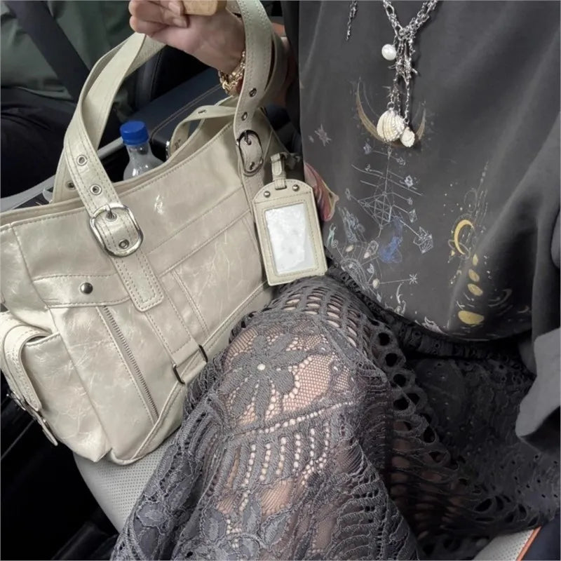 Bolso de mano con tachuelas Vintage para chica, bolso de hombro de gran capacidad con textura de cuero para mujer, bolso cruzado de viaje de estética Y2k