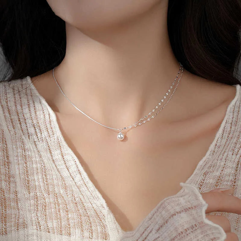 Collar de perlas de doble capa de Plata de Ley 925 con temperamento brillante, collar de cadena asimétrico, joyería de moda ﻿
