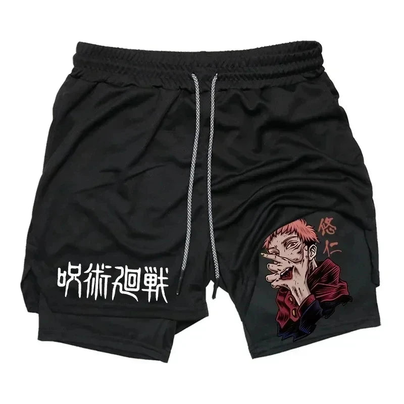 Pantalones cortos deportivos para hombre Jujutsu Kaisen Anime Graphic 2 en 1 pantalones cortos de compresión para hombre pantalones cortos de rendimiento de gimnasio de secado rápido atléticos
