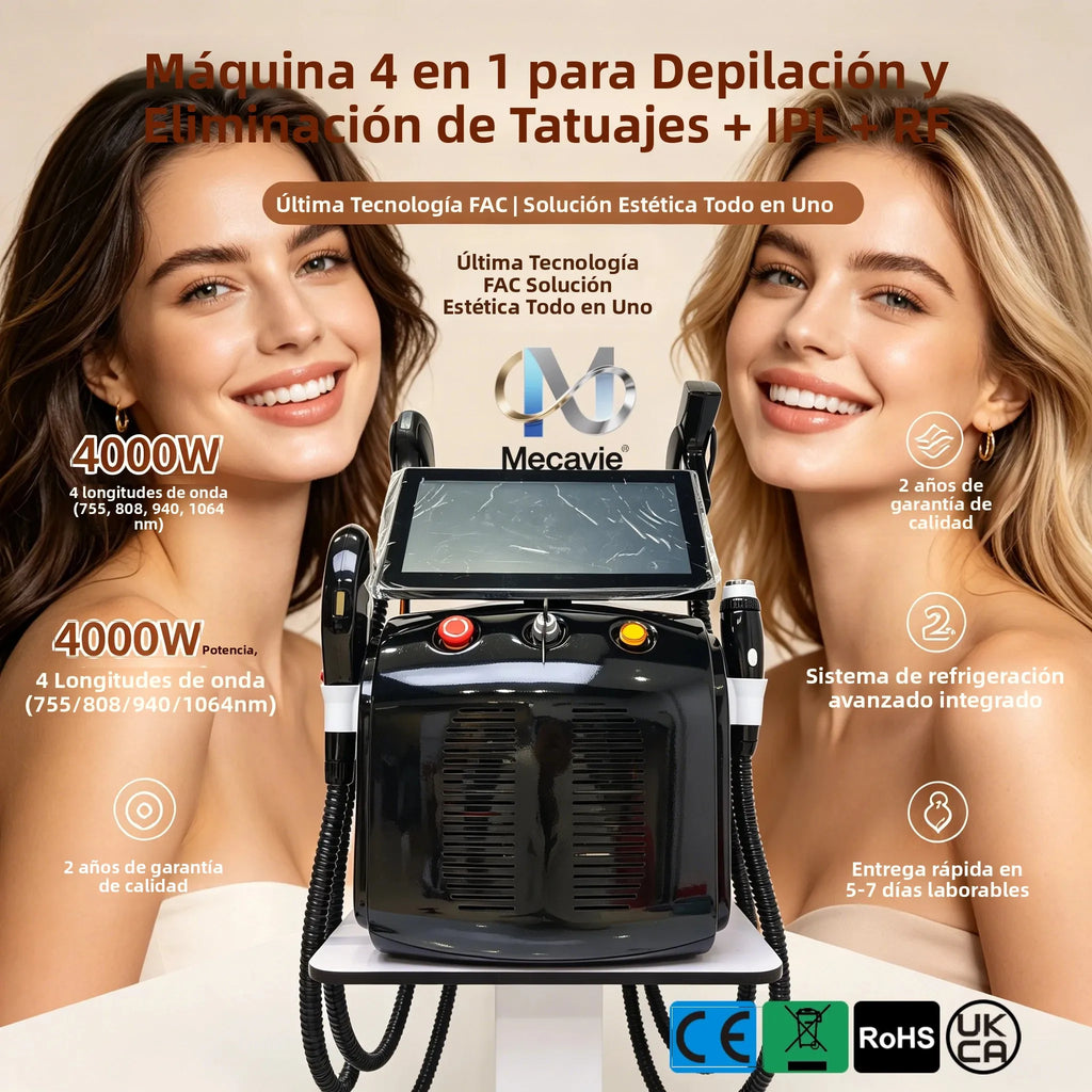 Láser de Diodo MECAVIE 4 en 1, Láser de Diodo Ice Platinum de 4 Longitudes de Onda, Máquina ND:YAG, Dispositivo de Depilación Indolora IPL RF