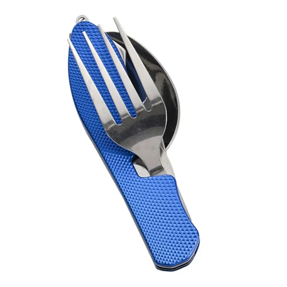 Juego de utensilios de camping plegables 4 en 1, cuchillo multifuncional, tenedor, cuchara, abridor de botellas para supervivencia al aire libre, deportes, camping y senderismo.