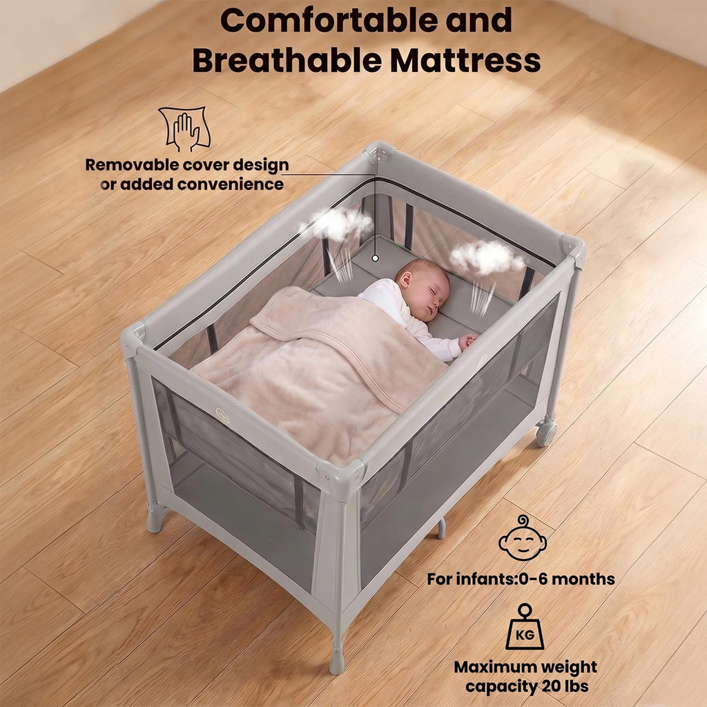 Cuna de Viaje Plegable con Colchón Suave, Ruedas y Bolsa de Transporte, Plegado Rápido y Compacto para Uso en Interiores y Exteriores para Recién Nacidos y Niños Pequeños