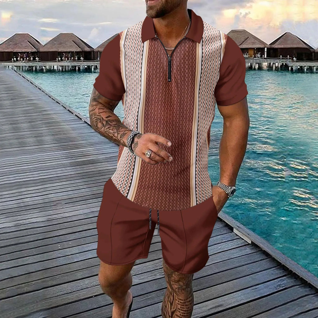 NOVEDAD DE VERANO 2025, pantalones cortos informales de manga corta a rayas para hombre, traje deportivo informal de dos piezas para hombre