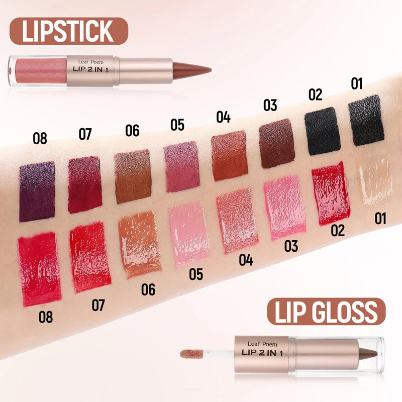 Delineador de labios cónico negro y marrón, lápiz de contorno, espejo de doble cabeza, brillo de labios de cristal, maquillaje de tinte de labios rojos sexis