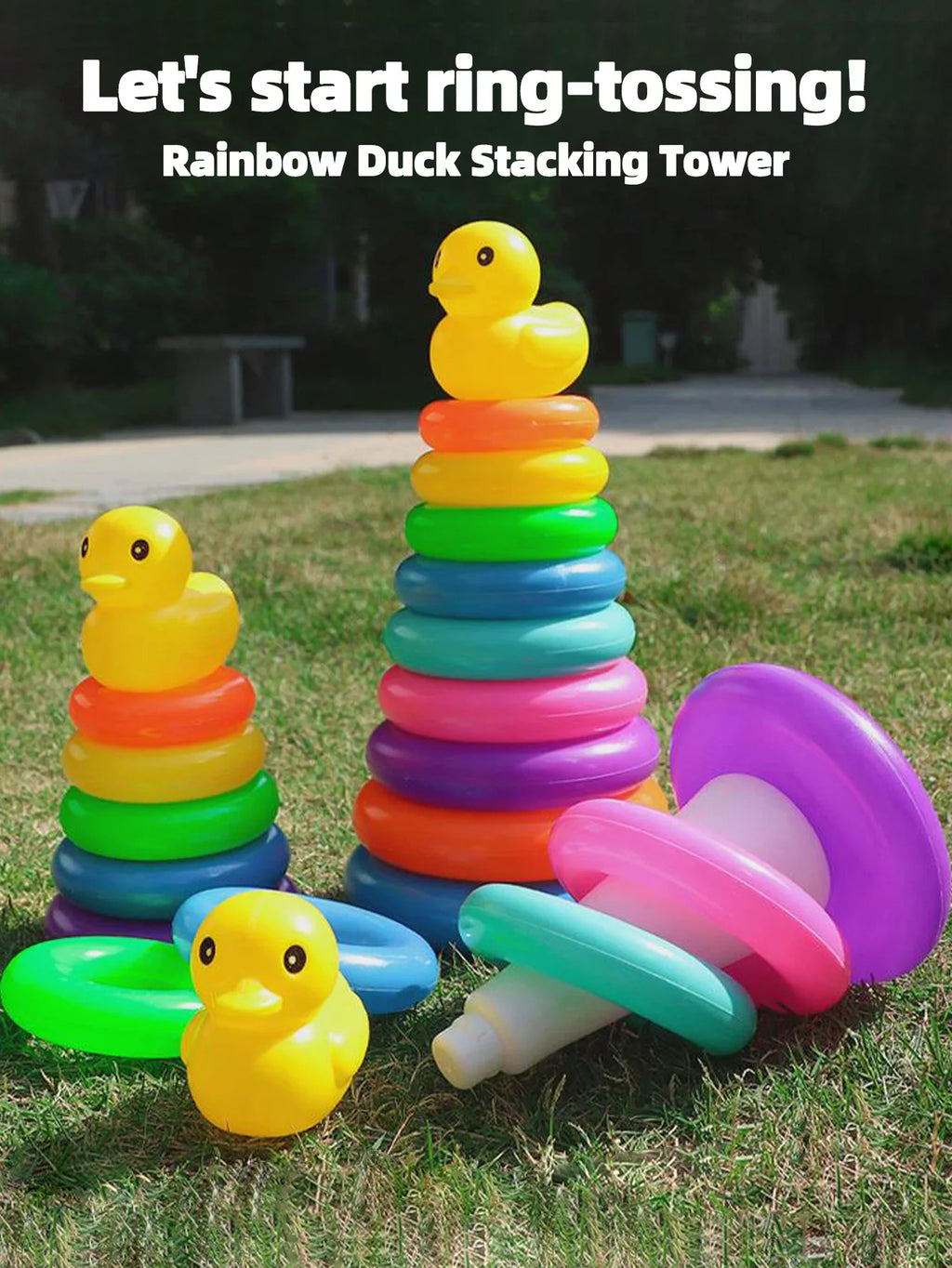 Pato amarillo Torre arcoíris círculo apilado juguete plástico arco iris círculo juguete círculo lanzamiento juguete juego interactivo regalos de cumpleaños
