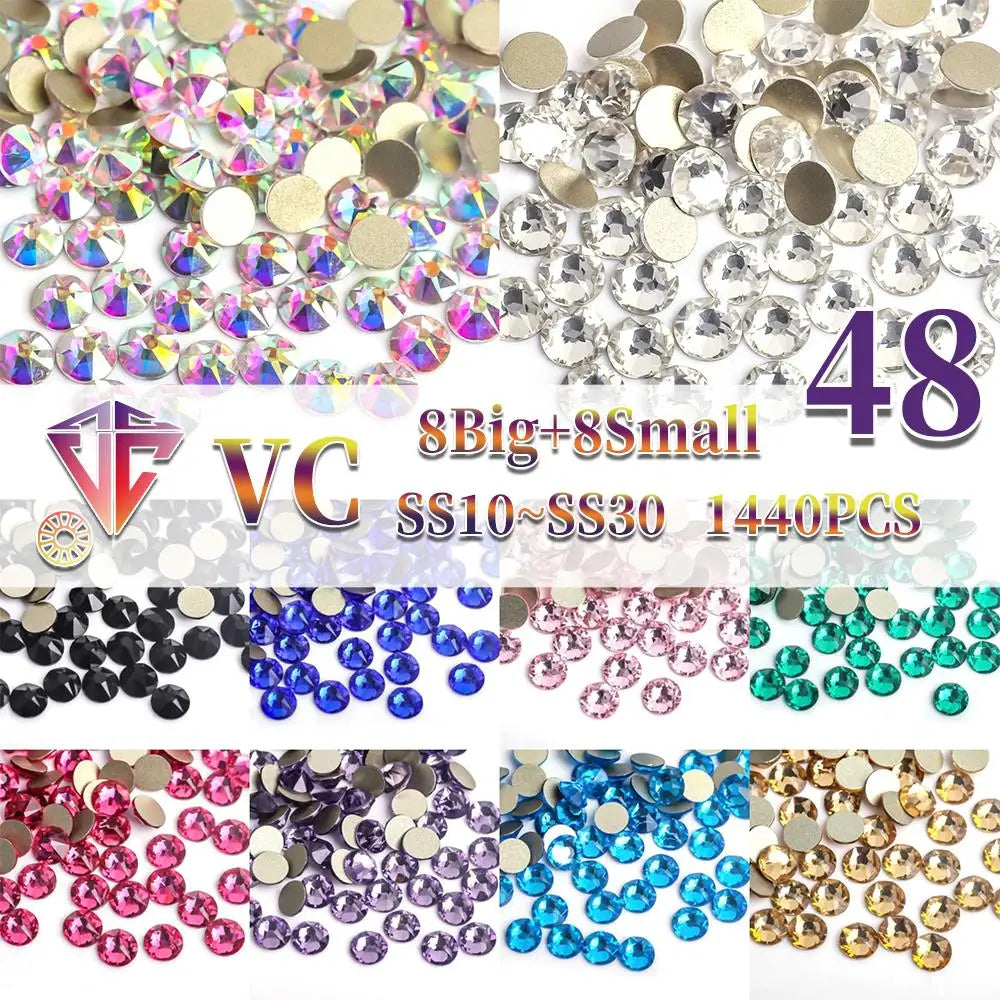 VC 2088-diamantes de imitación para decoración de uñas, 16 caras de corte, cristales brillantes, ss10-30 Strass 8Big + 8Small, sin fijación térmica