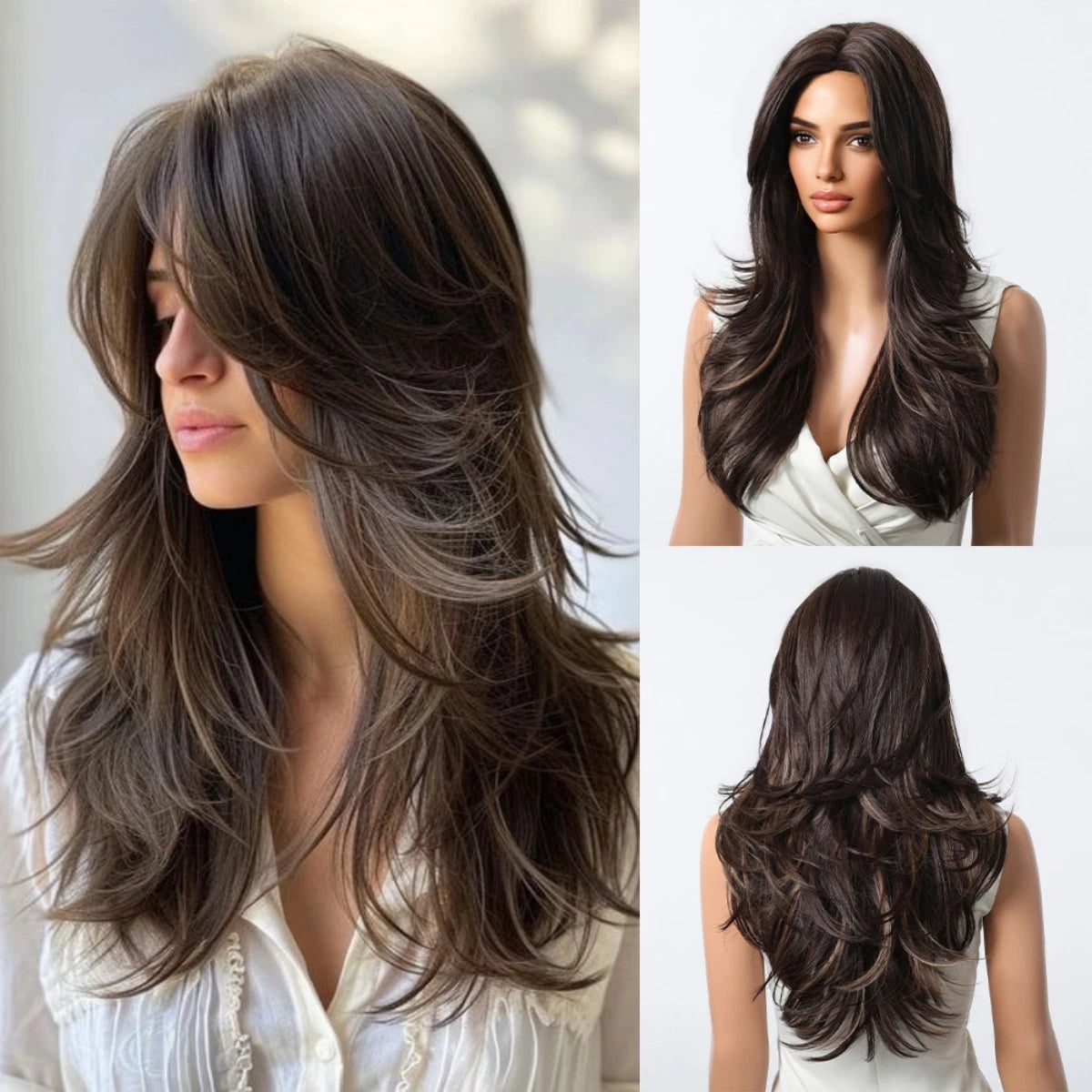 Pelucas Allbell Magique de largo ondulado en capas, pelo marrón miel con flequillo lateral para mujeres, pelucas sintéticas naturales resistentes al calor para uso diario