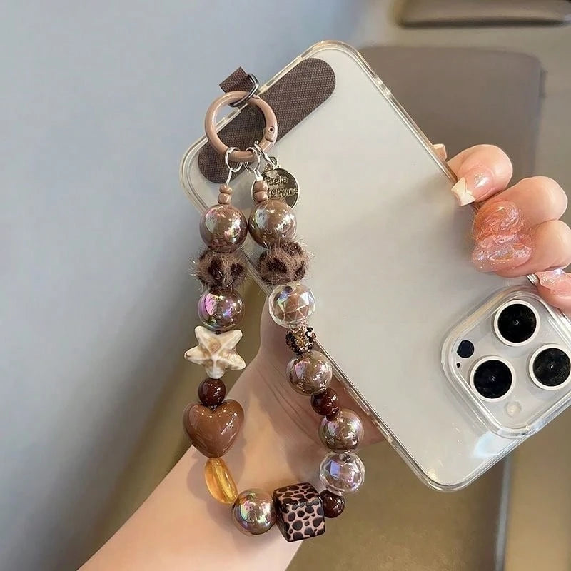Lujoso Colgante de Pulsera con Estampado de Leopardo y Estrella de Diamantes de Imitación, Correa Corta de Felpa para Teléfono, Cadena para Auriculares de Teléfono