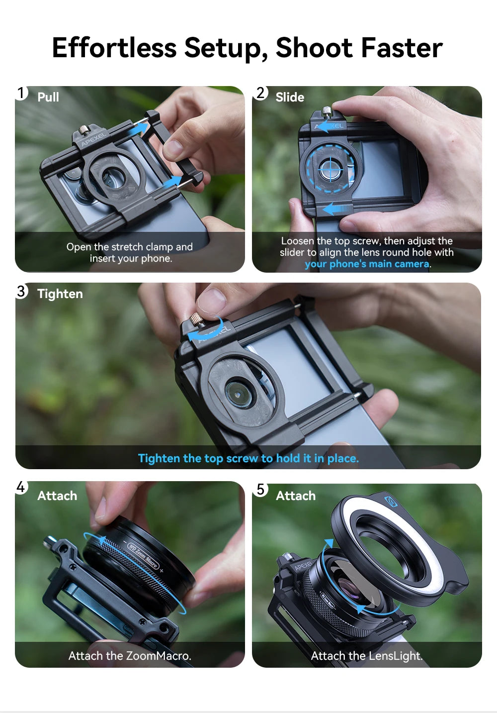 APEXEL 10-20X Zoom Macro lente HD Micro lentes de cámara de teléfono con luz de relleno LED para iPhone Samsung todos los teléfonos inteligentes Macro de pestañas
