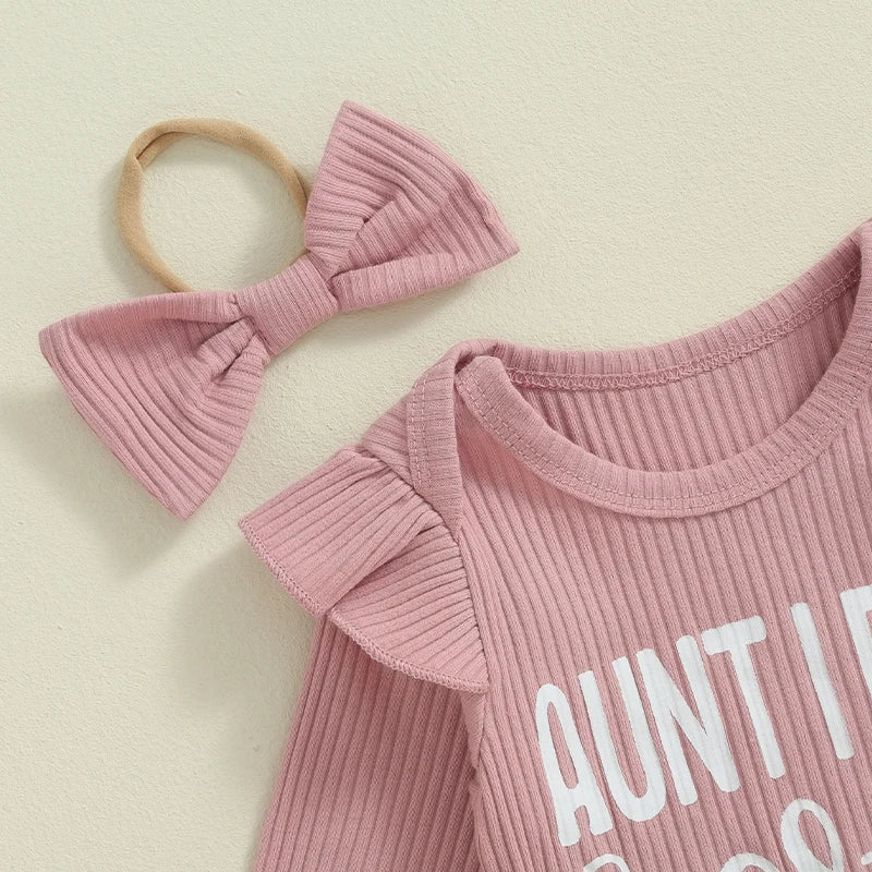 Conjunto de 3 piezas para niñas de 0 a 12 meses, pelele con volantes y manga larga con estampado de letras, Tops, pantalones largos, trajes con banda para el pelo