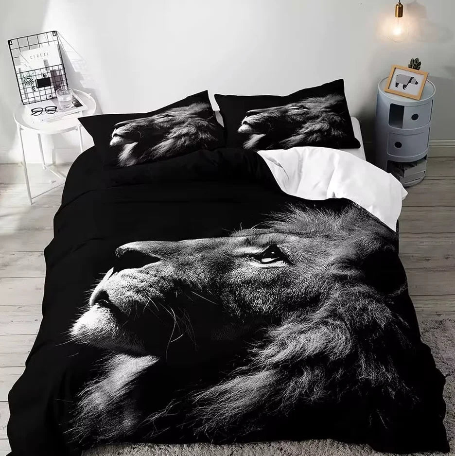 Juego de cama de tamaño completo para parejas, funda de edredón, decoración de dormitorio, León, Rey y Reina, Animal Safari africano, color negro, 3 piezas