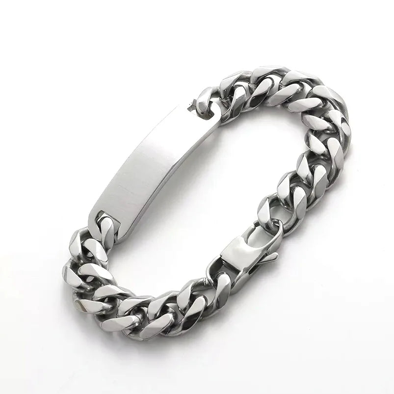 Pulseras Punk de acero inoxidable con texto grabado y logotipo personalizado para hombre, cadena cubana para mujer, pulsera de identificación, triangulación de envíos