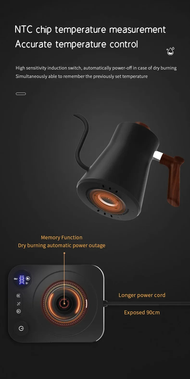 Tetera eléctrica con cuello de cisne, cafetera manual de 900ML, tetera inteligente con Control de temperatura, hervidor de calentamiento rápido de 110v/220v