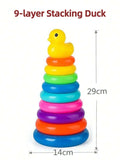 Pato amarillo Torre arcoíris círculo apilado juguete plástico arco iris círculo juguete círculo lanzamiento juguete juego interactivo regalos de cumpleaños